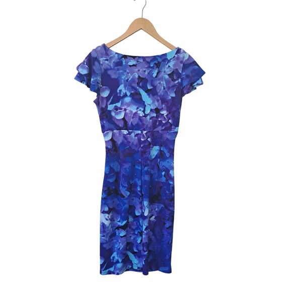 LAUREN Ralph Lauren Purple Blue Floral V-neck Jersey Dress Size 4 Flutter Sleeve - Picture 8 of 8